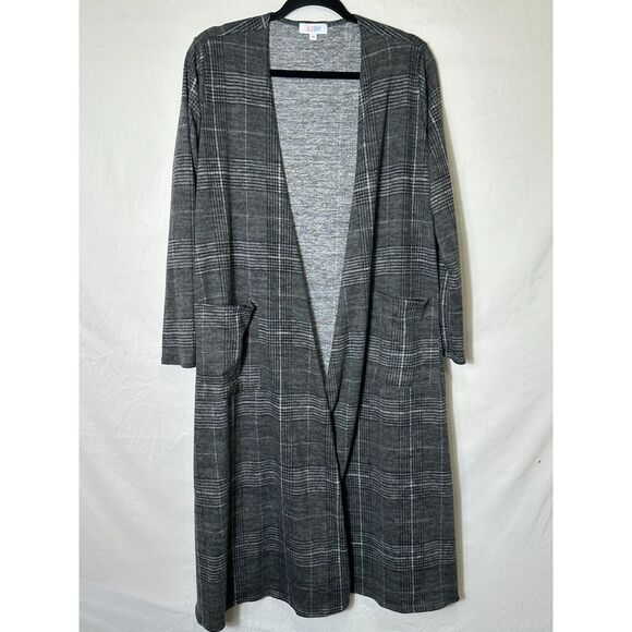 Lularoe Women's Black/Gray/White Plaid Open Duster With Pockets Size M Stretch - Picture 1 of 4